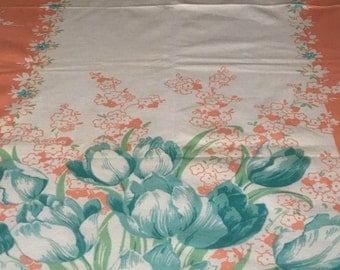 Vintage Tablecloth 60" x 80" Simtex Mid-Century Coral Turquoise Flowers
