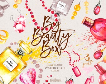Fashion Clipart Watercolor, jewelry, bijouterie, perfume, earrings, necklace, beauty accessories DIY invites, blogs, hand painted elements