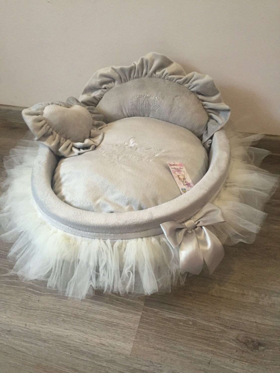 Grey princess bed with crown sparkles Designer pet by AnnaHappydog