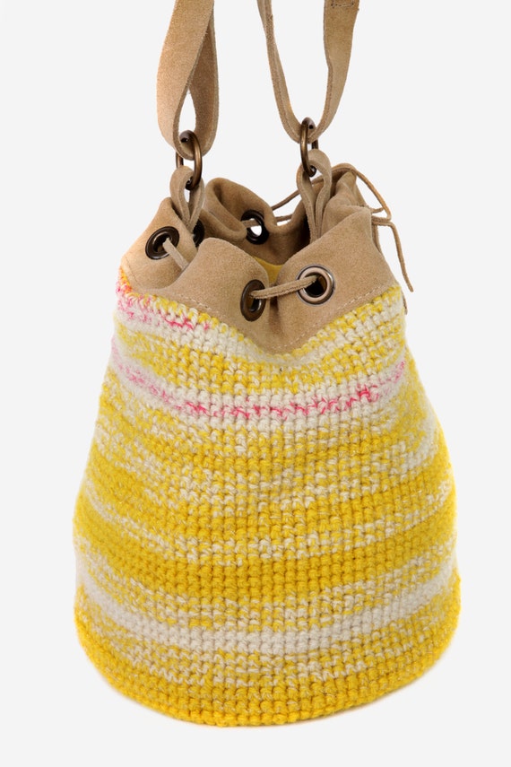 Yellow Hand Knitted Handbag Bucket Bag Wool Bucket Bag