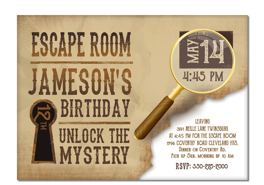 Escape Room Invite Boys Or Girls Birthday Invitation Gold