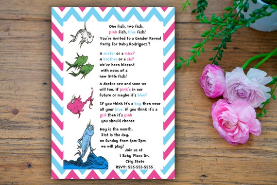 Dr. Seuss Gender Reveal Invitation// One Fish by Pixelimpressions