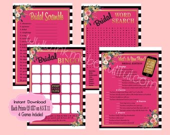 PRINTABLE Bridal Shower Games, Bridal Shower Bingo, Poster, Rustic Wedding Printable, Black and White Striped Wedding, Spades Shower KS001