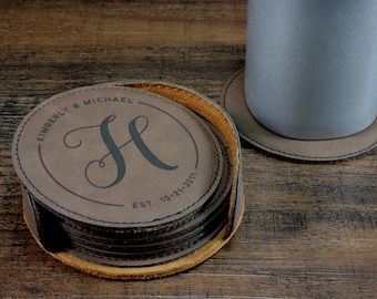 Monogrammed Leather Coaster Set, Customized Coasters, Engraved Coasters, Personalized Engraved Gift, Wedding Gift, Couples Gift idea