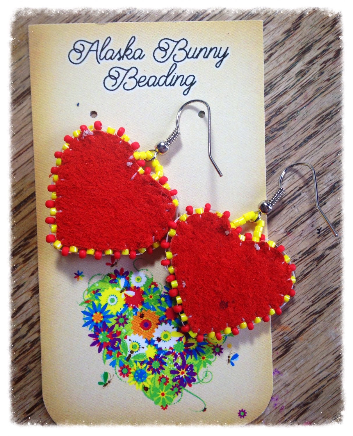 Birch bark earrings w/quillwork red and by AlaskaBunnyBeading