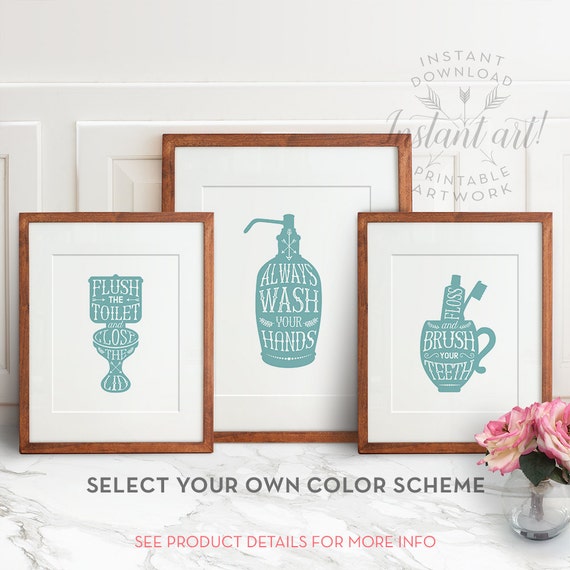 Bathroom art set of 3 PRINTABLES: flush the by TheCrownPrints