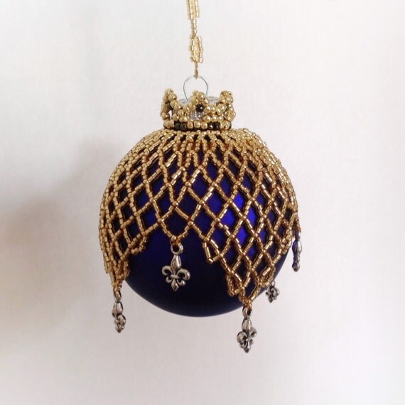 Hand beaded Christmas or Mardi Gras ornament /royal purple and