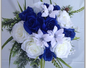 Blue bouquet, roses royal blue and white. Wedding bouquet.
