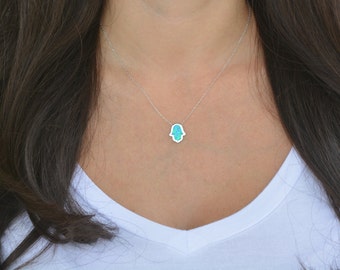 Unique design high quality sterling silver blue opal hamsa necklace. Fatima necklace. Silver hamsa necklace. Gold plated hamsa necklace.