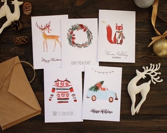 Set of 5 Christmas cards, Holiday greetings cards