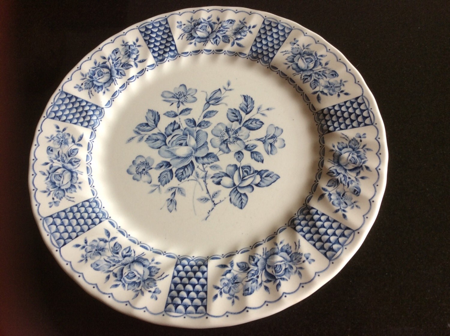 English Blue and white dinner plates in Myott Melody floral