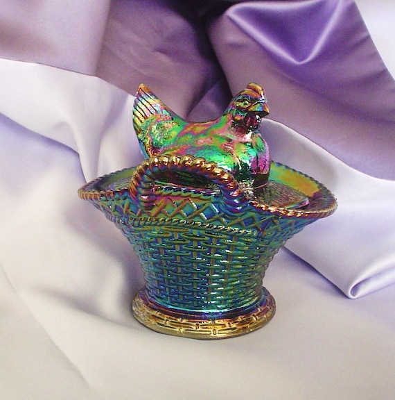  , Chicken on Basket, Glass Chicken, Nesting Hen, Iridescent Glass Hen