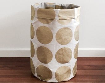 Large Gold metallic spot laundry hamper , toy basket, toy hamper, fabric basket, storage basket, storage bin, round large fabric basket.