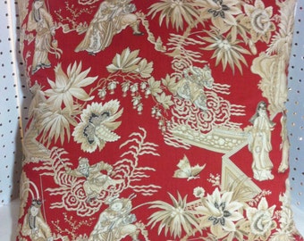 Pillow Cover in Opera Chinoise Hand Printed in Italy for Clarence House with Designer Corners and YKK Invisible Zipper Red with light Tan