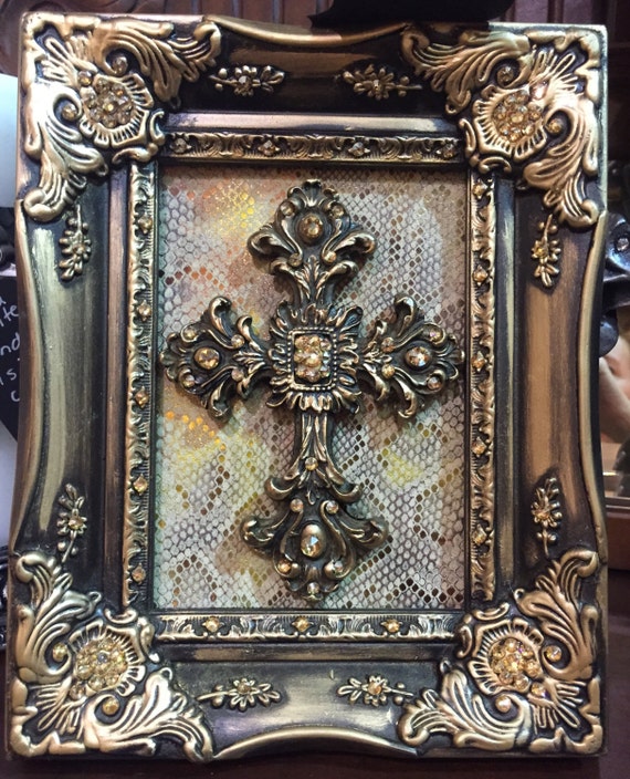 5 x 7 Decorative Embellished GOLD frame with Cross and Bling