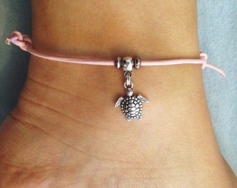 Turtle Anklet / Boho Anklet, Hippie Anklet, Beach Anklet, Cord Anklet, Baby Pink Anklet, Hipster Anklet, Charm Anklet, Boho Turtle Anklet