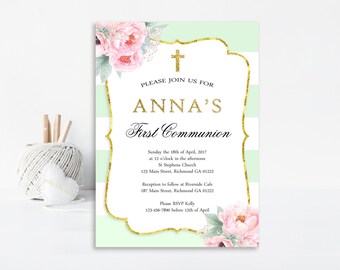 Girls First Communion Invitation, Communion Invitation, 1st Communion Invitation, Holy Communion Invitation, Printable Invitation, Pink Mint