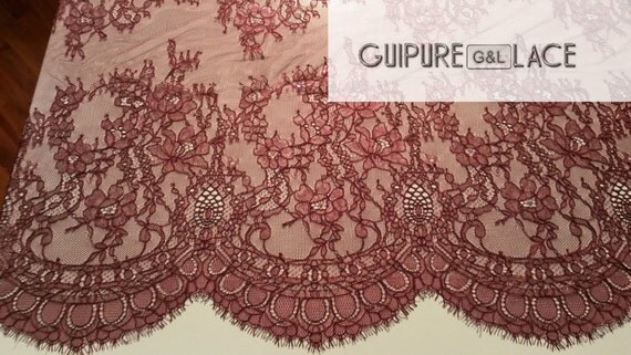 Dark red lace fabric, French Lace Chantilly Lace Bridal lace Wedding Lace Evening dress lace Scalloped Floral lace Lingerie Lace by the yard