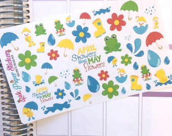 April Showers Bring May Flowers! set of 50+ stickers for your Erin Condren, Happy Planner, Inkwell Press, Kikki K, or other planner!
