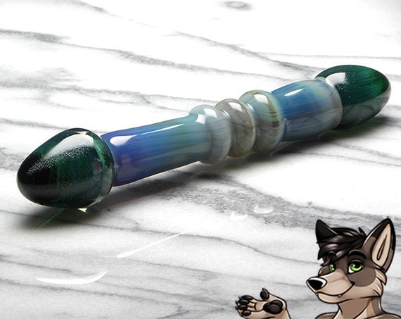 Double Ended Glass Dildo Smoky Blue And Sparkle Emerald