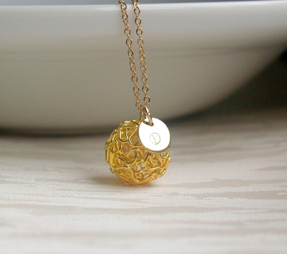 Items similar to Wire ball necklace, gold ball necklace, gold initial