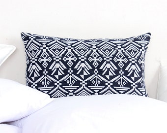Boho Blue Navy Nautical HMONG Textile Printed Ethnic Natural Dyed Printed Indigo Lumbar Pillow Case