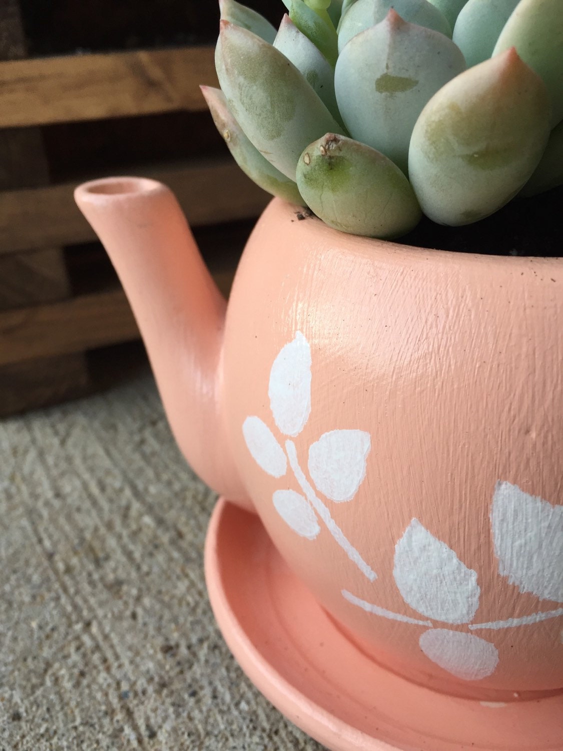 Custom ceramic tea cup kettle planter with stenciled design