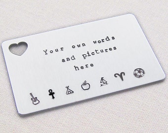 Personalized wallet insert, purse insert, hand stamped personal message, heart design, gift for him, gift for her, quote gift