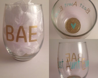 BAE, Best Aunt Ever wine glass, wine glass, glitter wine glass, stemless wine glass, #bae