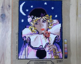 Margot Colombine, Clown, Needlepoint Canvas, Wall Tapestry, Hanging Tapestries, Made in France, Completed canvases, Night sky, Moon light