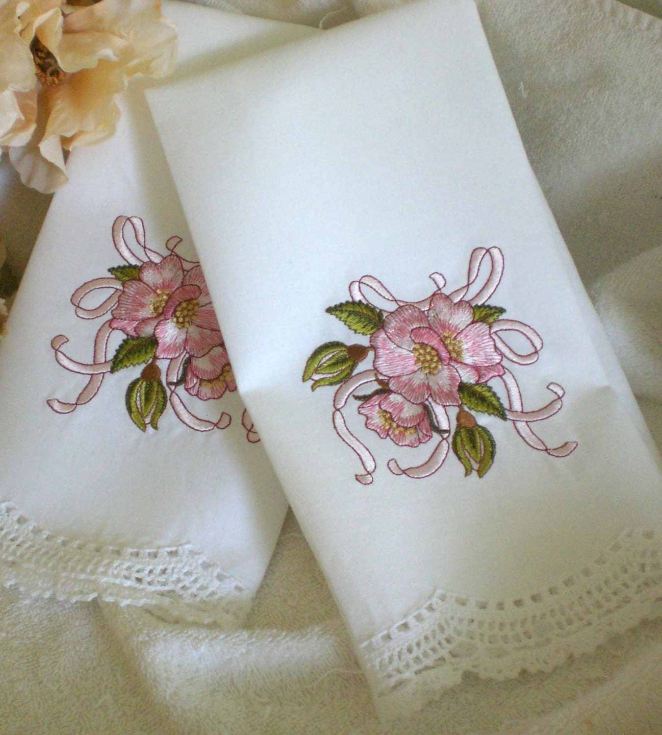 Linen Hand Towels Pink Briar Rose Design by familytraditions110