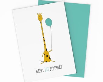 PRINTABLE Baby Boy 1st Birthday Card - Digital Happy 1st Birthday Card. Giraffe Birthday Card. Happy Birthday Card. For Boys. Printable Card