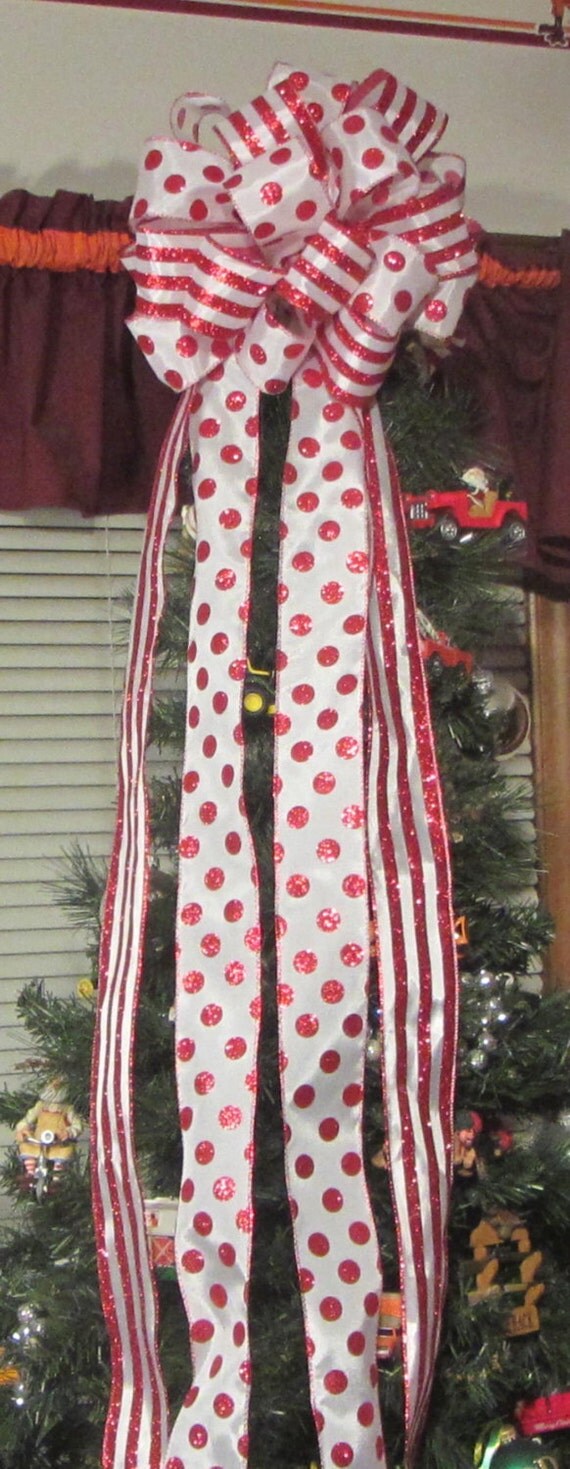 Red White Christmas Tree Topper Bow Red Polka Dot Red Stripe