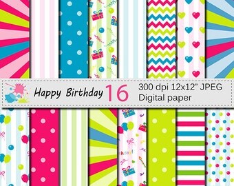Happy Birthday Digital Paper Set with balloons and presents, Kids Birthday Party Scrapbook papers, Birthday patterns Instant Download