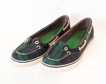 Sperry Top Sider plaid mocs Women's size 6 M- blue and green plaid fabric boat shoe- nautical boat shoe- women's loafer- vintage Sperry's