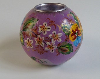 Handmade gift wooden candle holder lilac or mint green tealight holder hand painting Violet Flovers authors work