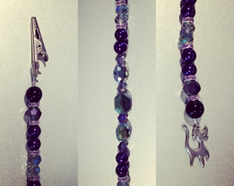 Purple beaded hair clip, halloween hair clip, roach clip, silver cat charm