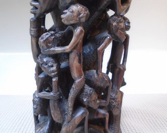 Vintage Kenyan Wood Carving - Ebony Tree of Life Sculpture - 15 carved figures in this detailed art piece - 9 inches tall - Free Shipping