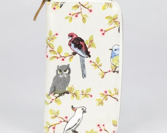 Oilcloth Zip around Wallet - Australia bird Cockatoo - Oil cloth ladies purse- Ladies Zip wallet - Coin purse- Laminated cotton- Iphone Plus
