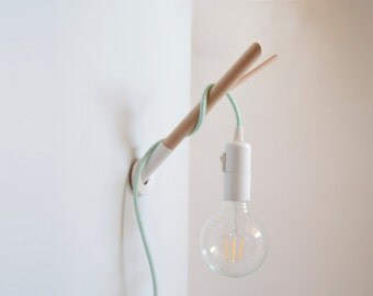 Handmade Wooden Lamp Hook with a Colored Fabric Cable, Wall Lamp, Wooden Wall Sconce, Hanging Light, Minimal Wall Lights, Bedside Lamp