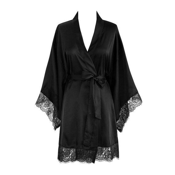 Sena Black Satin Silk Lace Kimono Robe Women sexy by colistashop