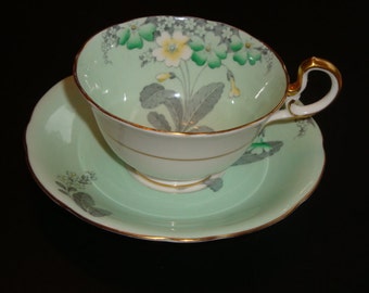 Aynsley Minty Green with Primrose Tea Cup and Saucer