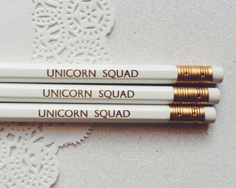 Unicorn squad pencils. Unicorn pencil. White and gold HB pencil.