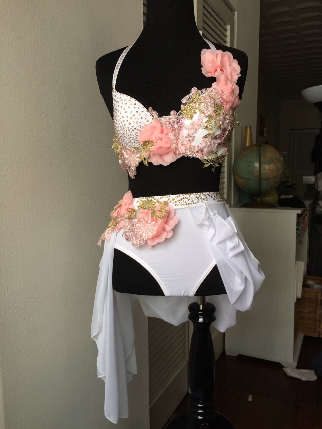 Custom dance costume white gold and pink