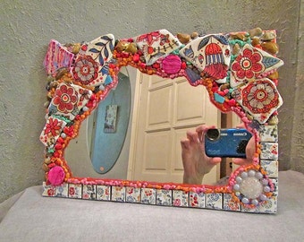 Mosaic mirror, mixed media, gift for Her