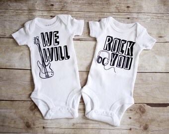 Twins Onesie Set We will Rock you guitar headphones unisex onesie girl twin boy twins sibling set best friend baby shower gift multiples