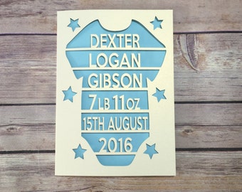 Baby Boy Card, Papercut, Personalised Baby Card, Birth Announcement, Custom Baby Card, Baby Gift, Baby Keepsake, New Baby Card, New Arrival
