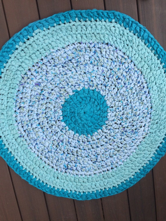 Rag Rug Crochet Rag Rug Teal Blue Rug Cottage Rug Round