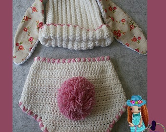 Baby PHOTO prop. Baby Bunny Costume. Rabbit photo prop Set.RABBIT Beanie pink floral fabric ears. Diaper cover with Fluffy Pink Tassel
