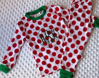 Personalized Christmas Pajamas Boy or Girl Christmas Pajamas with Name or Initials Monogrammed Red Green PJs Kids Babies Toddler